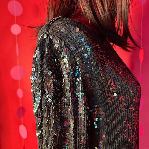 Vintage Iridescent Sequin Silk Dress – 1980s/90s Maharani – Gothic Mermaid Glam - Picture 5 of 12